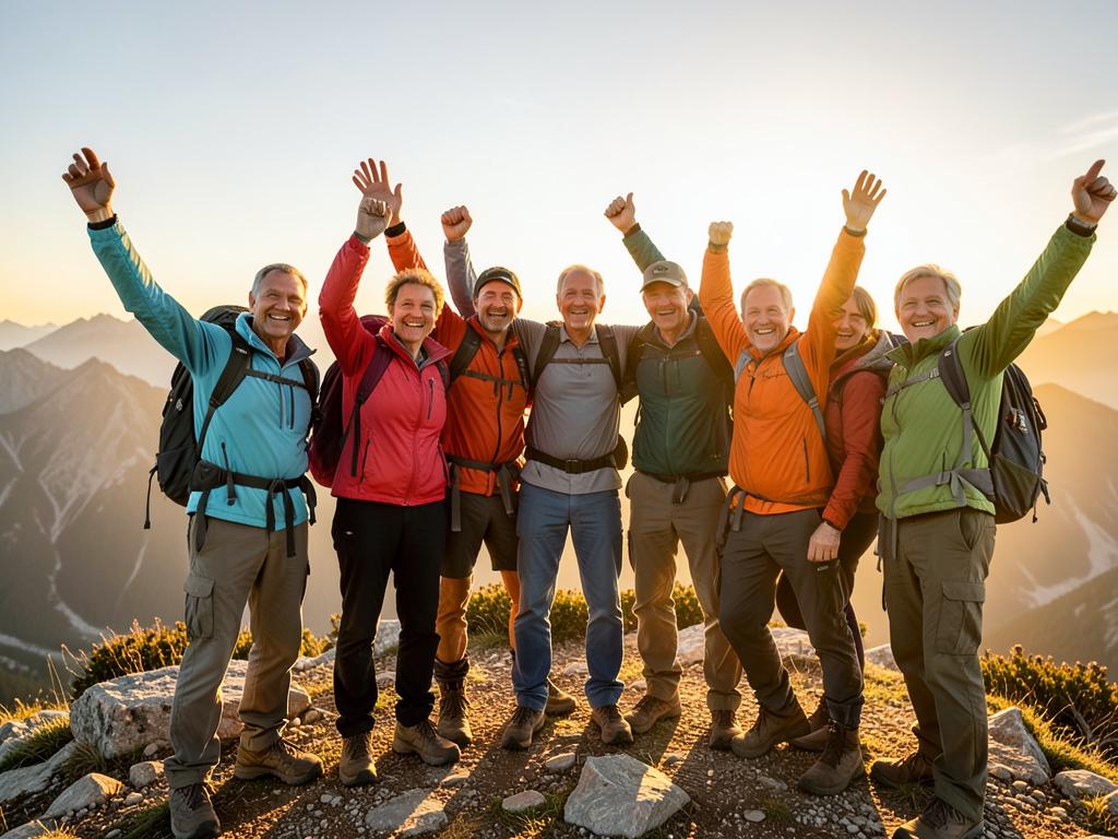 Grupo celebrando en la cima al atardecer
