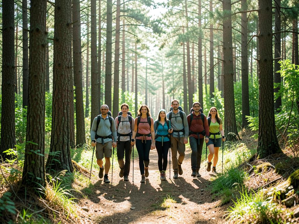 Grupo caminando por un sendero entre pinos