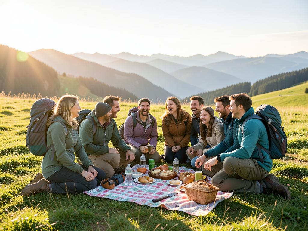 Grupo compartiendo un picnic en un prado de montaña