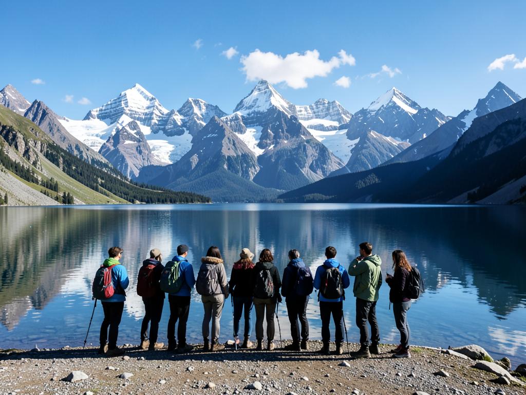 Grupo contemplando un lago de alta montaña